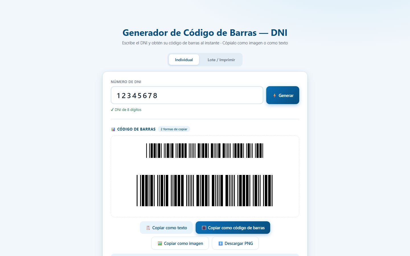 Captura de la interfaz de Código de barras DNI
